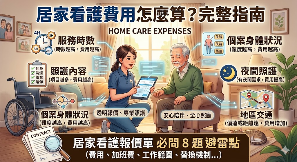居家看護費用會依照服務時數、照護內容、個案狀況、夜間需求與人員經驗而有所不同,第一次找看護前,建議先了解居家看護費用組成、報價單項目與可能追加的費用,才能更清楚比較不同方案差異,避免只看單一價格而忽略照護品質、服務範圍與後續替換機制,讓家人在預算內找到更合適的居家照護安排。