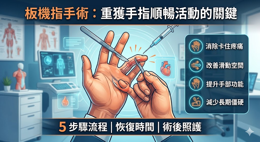 板機指手術主要適用於手指反覆卡住、彈響、疼痛或保守治療效果有限的情況，透過鬆開狹窄腱鞘，協助肌腱恢復較順暢的滑動空間。本文整理板機指手術的適合對象、術前評估、手術流程、恢復期照護與常見疑問，幫助有板機指困擾的人了解就醫前需要注意的重點，並提醒實際治療方式仍需由專業醫師依個人狀況評估。